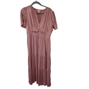 Muse Women Rose Pink Tiered V Neck Smocked Waist Midi Dress L